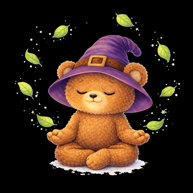 Noa en méditation, chapeau magique et feuilles voltigeant